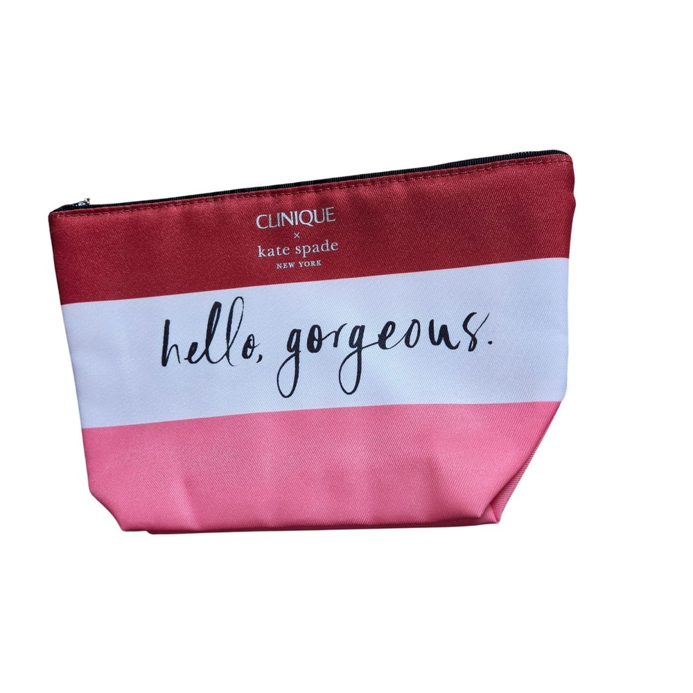 Clinique x Kate Spade Hello Gorgeous Makeup Bag Red Pink Stripe Pouch Travel